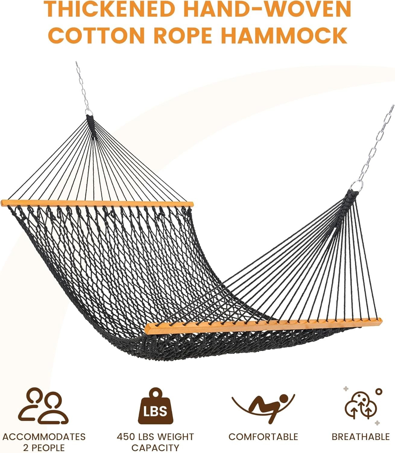 Cotton Rope Hammock Double Pack Wood Spreader Bar 450 lbs Ca...