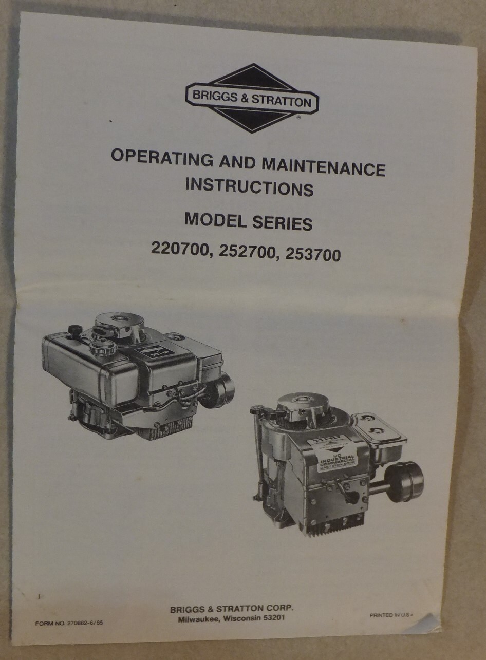 Briggs & Stratton Maintenance Manuals 220700 & 252700 Models