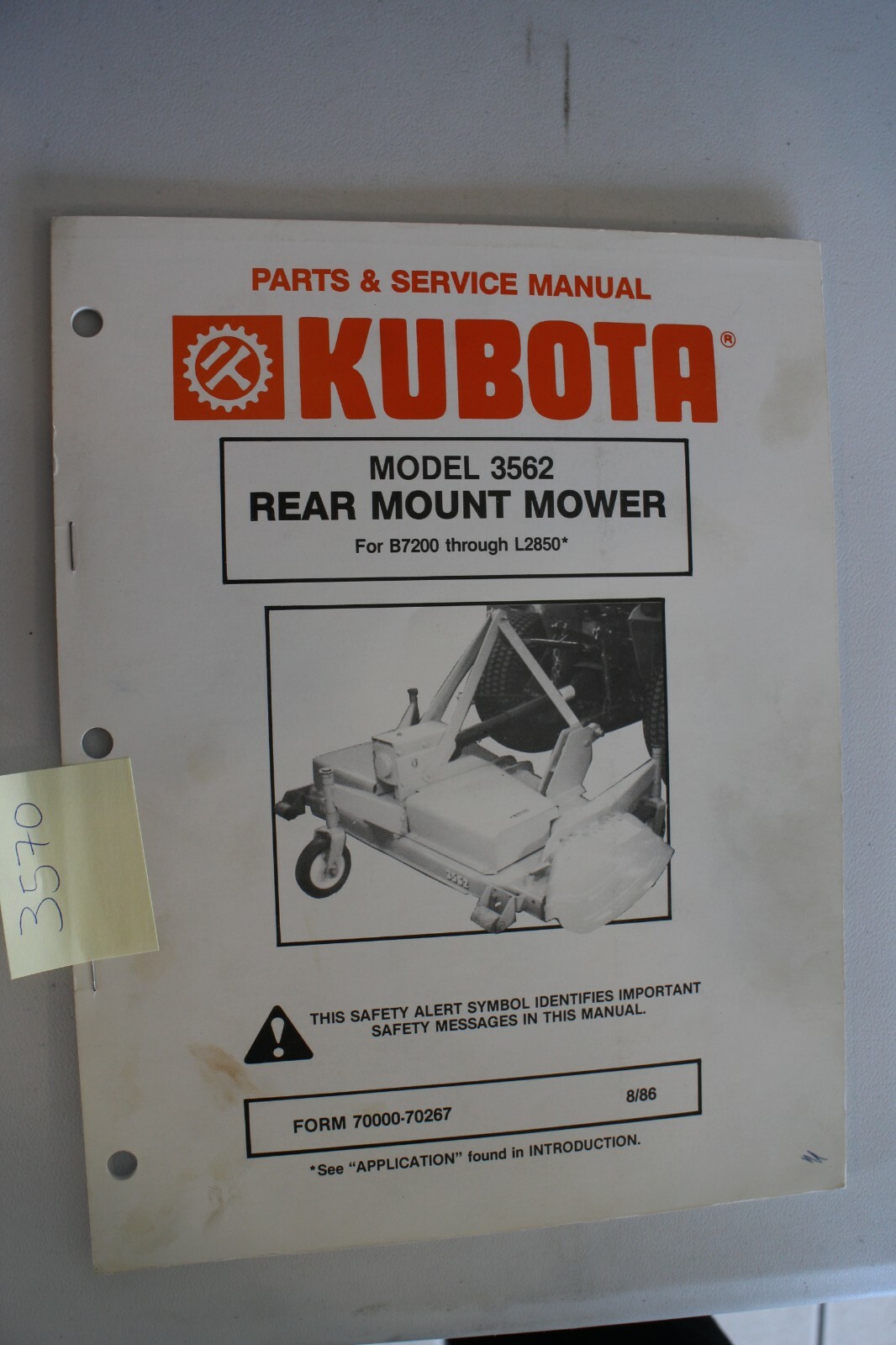 Kubota Model 3562 Rear Mower Parts & Service Manual