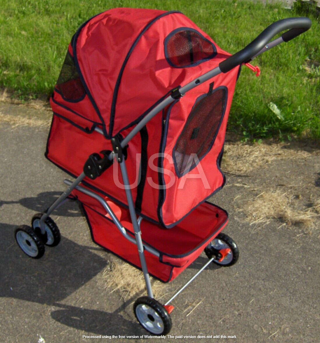 Red 4-Wheel Folding Portable Pet Stroller with Basket