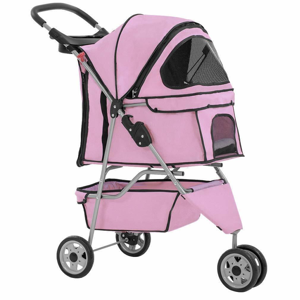 Pink Pet Stroller for Cats & Dogs - 3 Wheels Travel Carrier