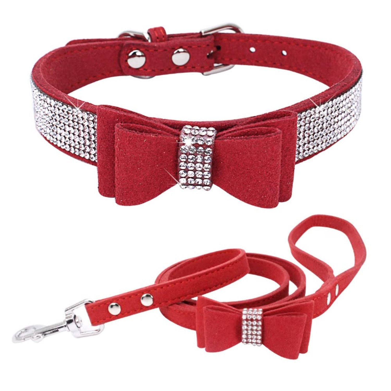 Red Rhinestone Dog Collar with Leash Set with Bow Tie