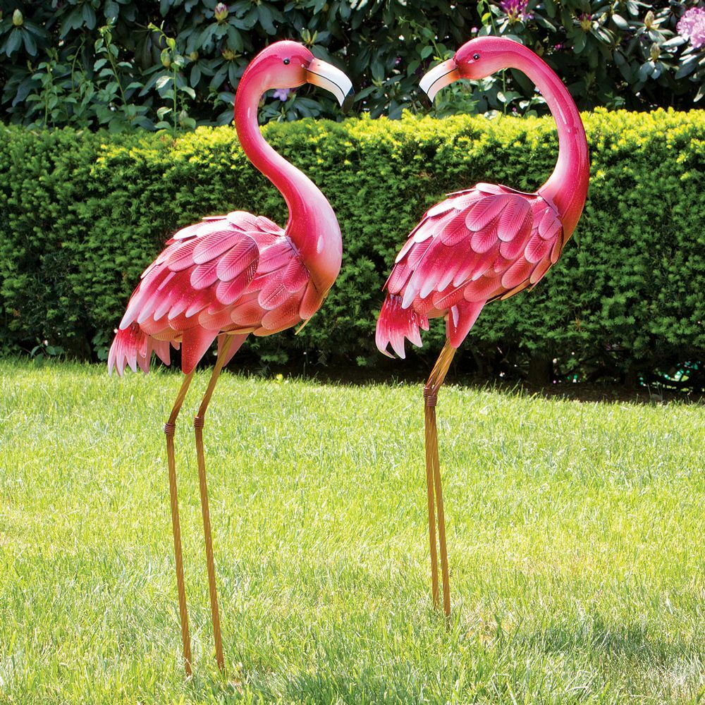 Flamboyant Pink Flamingo Metal Garden Sculptures Pair
