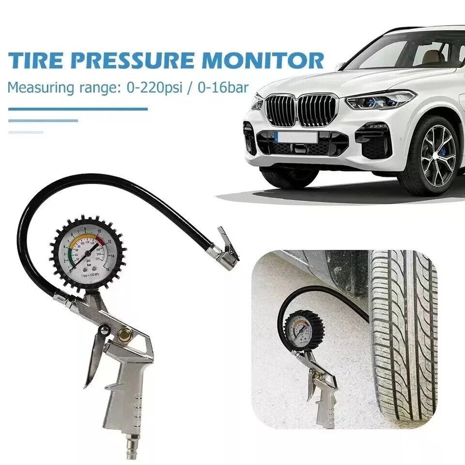 Air Chuck Tire Inflator With Gauge, 220 PSI, Flexible Hose,...