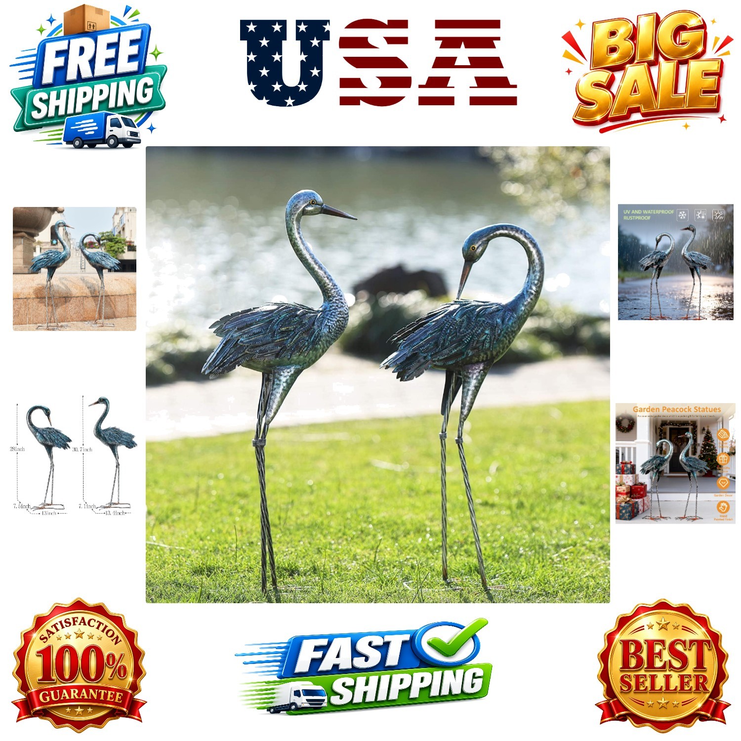 Metal Blue Heron Statues (Set of 2), Outdoor Garden Decor, 1...