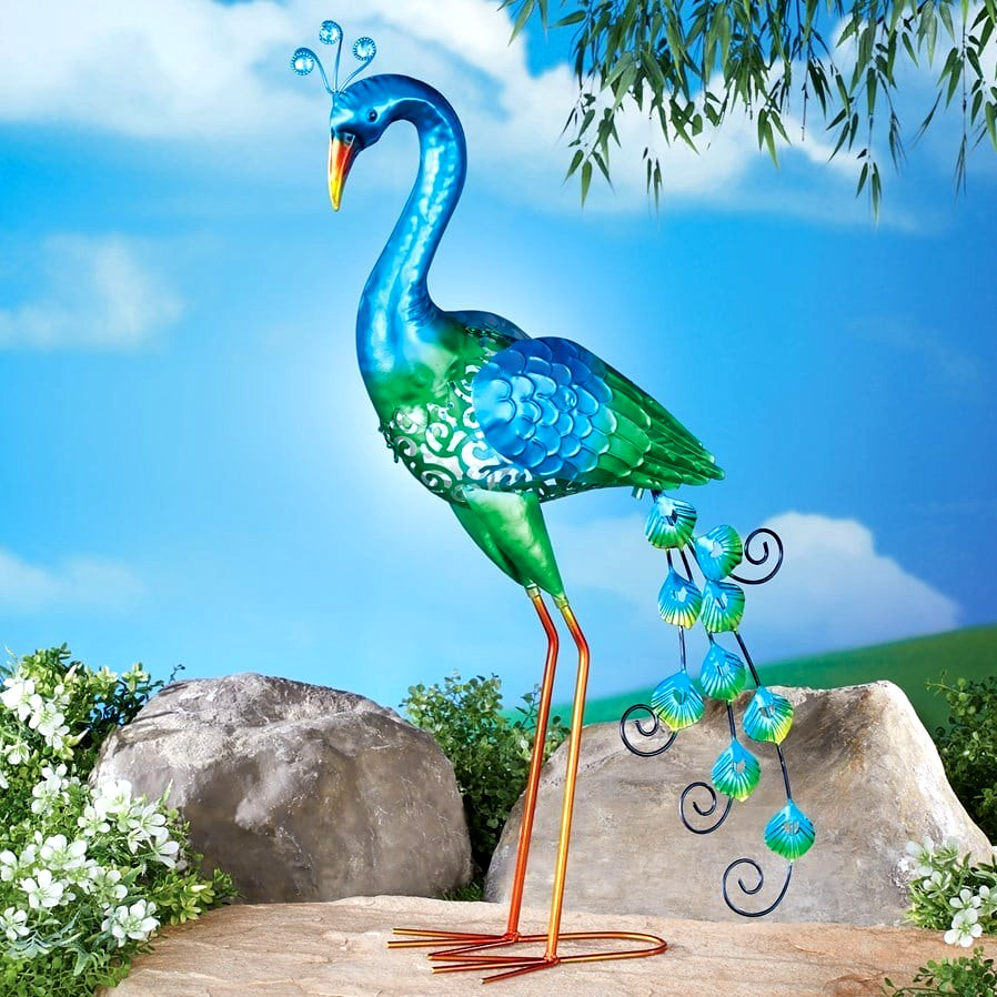 Solar Lit Peacock Bird Metal Stake Garden Yard Ornament - 26...