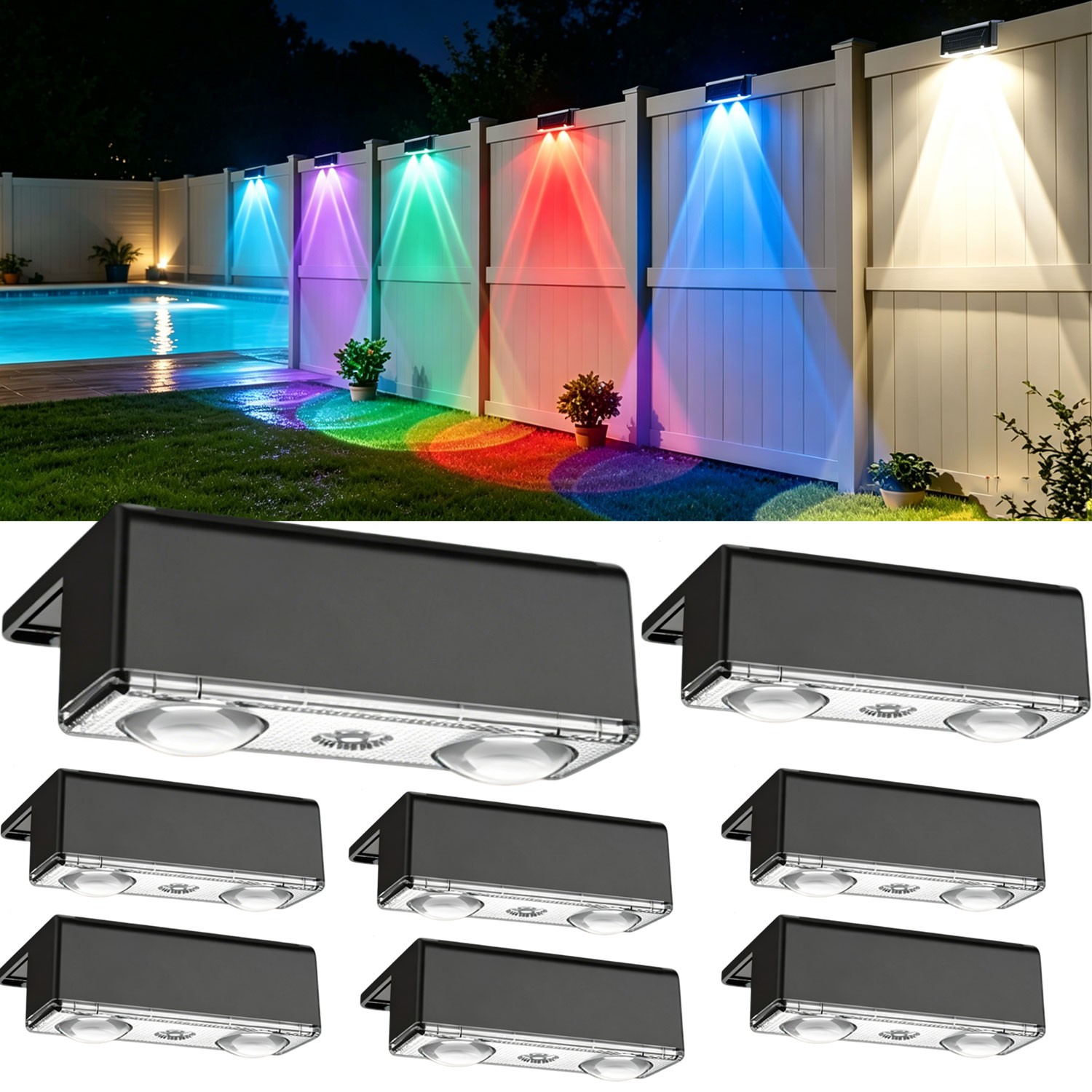 LED Solar Fence Light - 8X Color Changing Outdoor Garden Lam...