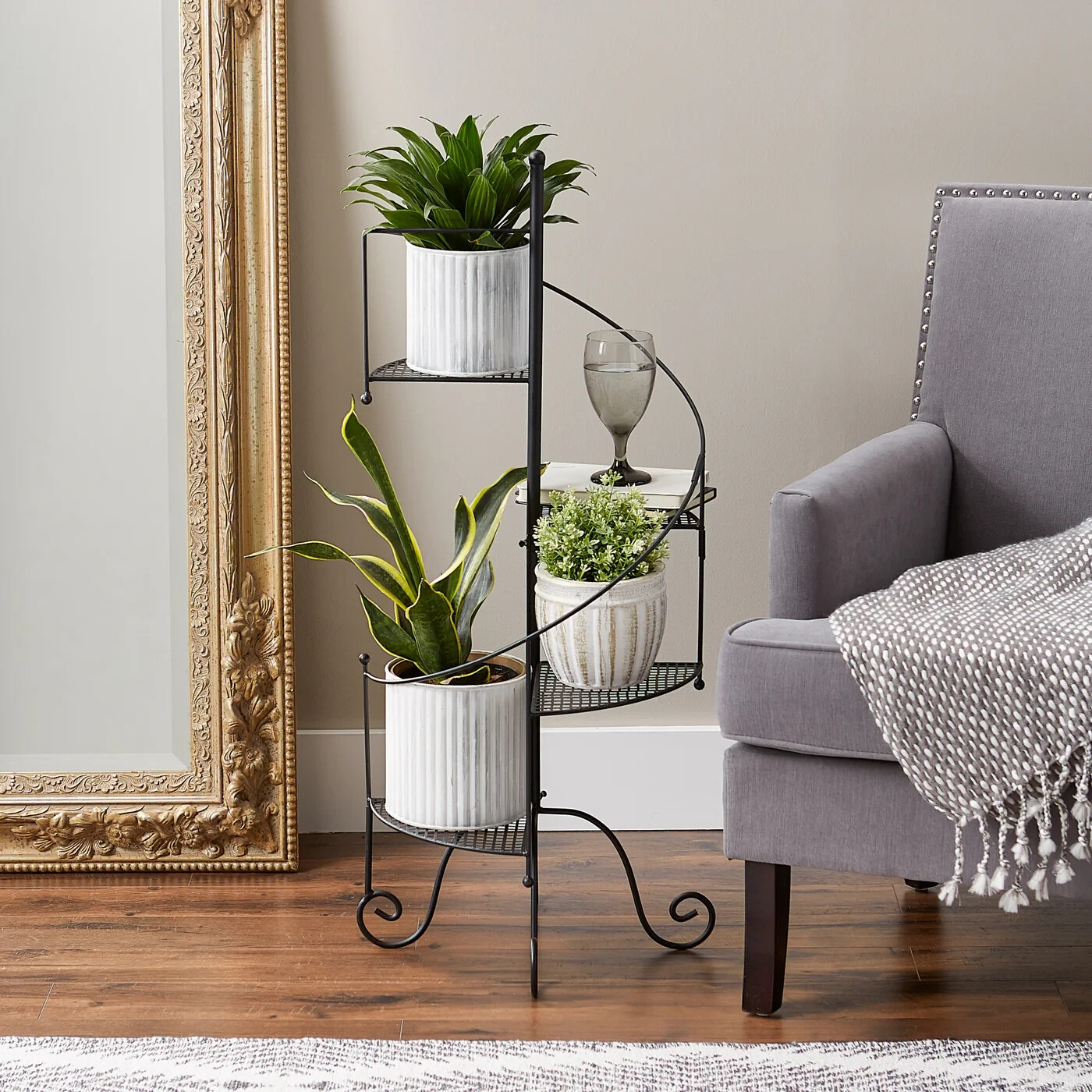 Black Iron Spiral Plant Stand (4 Platforms), 17" x 39", New