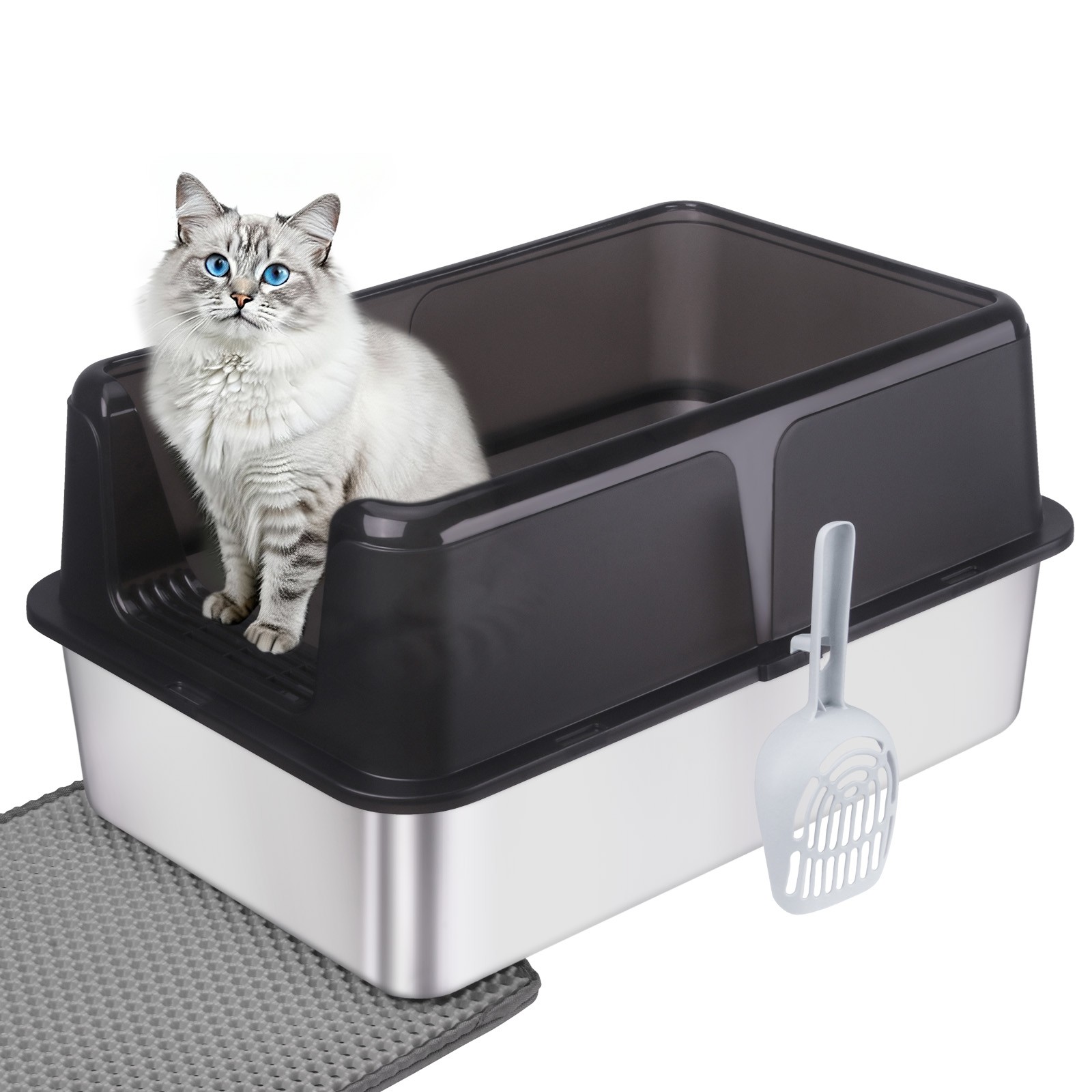 Open Top Cat Litter Box XL Stainless Steel Large Litter Pan...