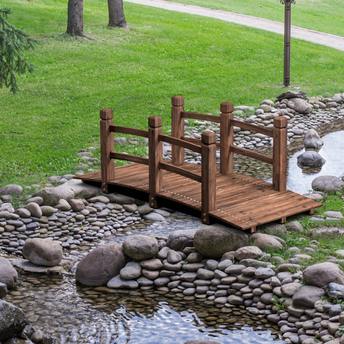 Wooden Bridge Arch Walkway - Stained Finish - Garden Pond De...