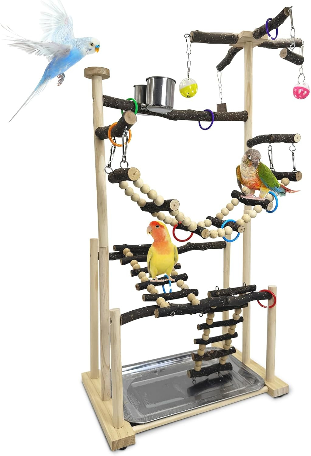 Pet Bird Playground Natural Wood Perch Gym 4 Layers Parrot P...