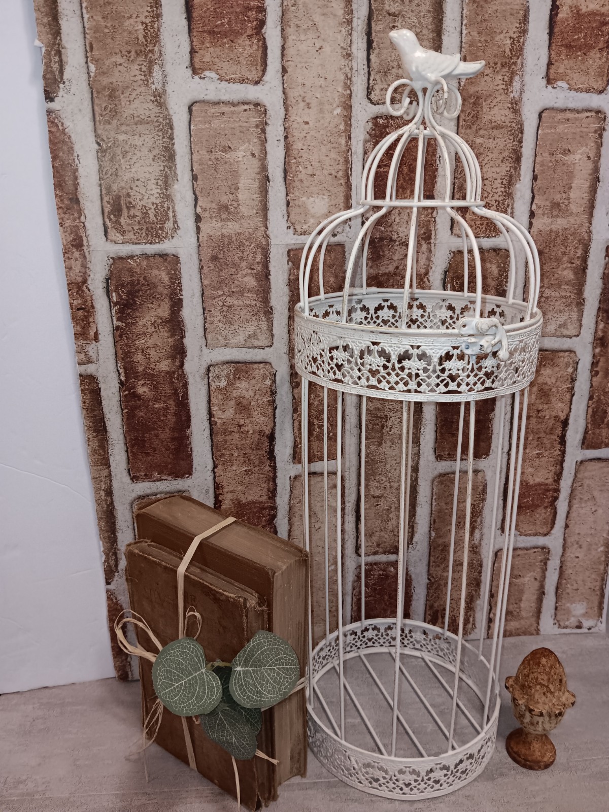 Round Bird Cage 22" Distressed White Metal With Finial