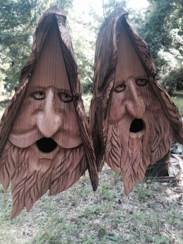 Wood Spirit Rustic Hand Carved Cedar Bird House With Hair