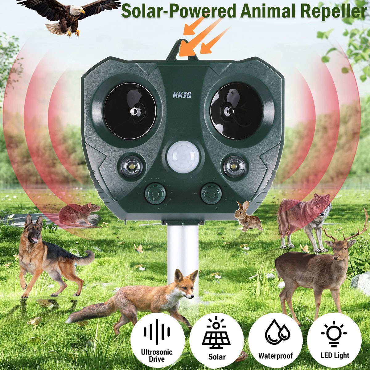 Solar Ultrasonic Animal Repeller PIR Motion Sensor LED Flash...