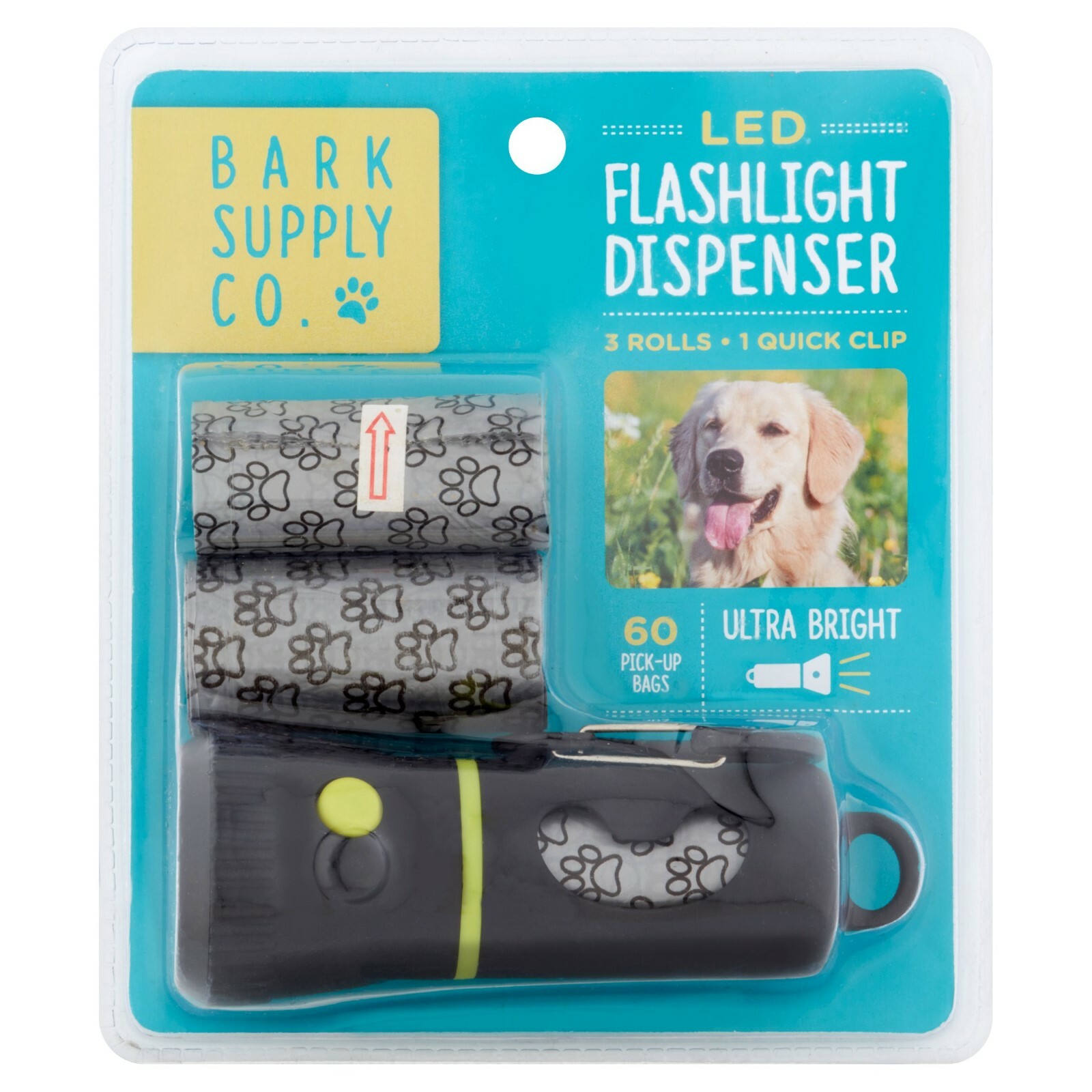 Dog Waste Dispenser LED Flashlight with Belt Clip, 60 Rolls
