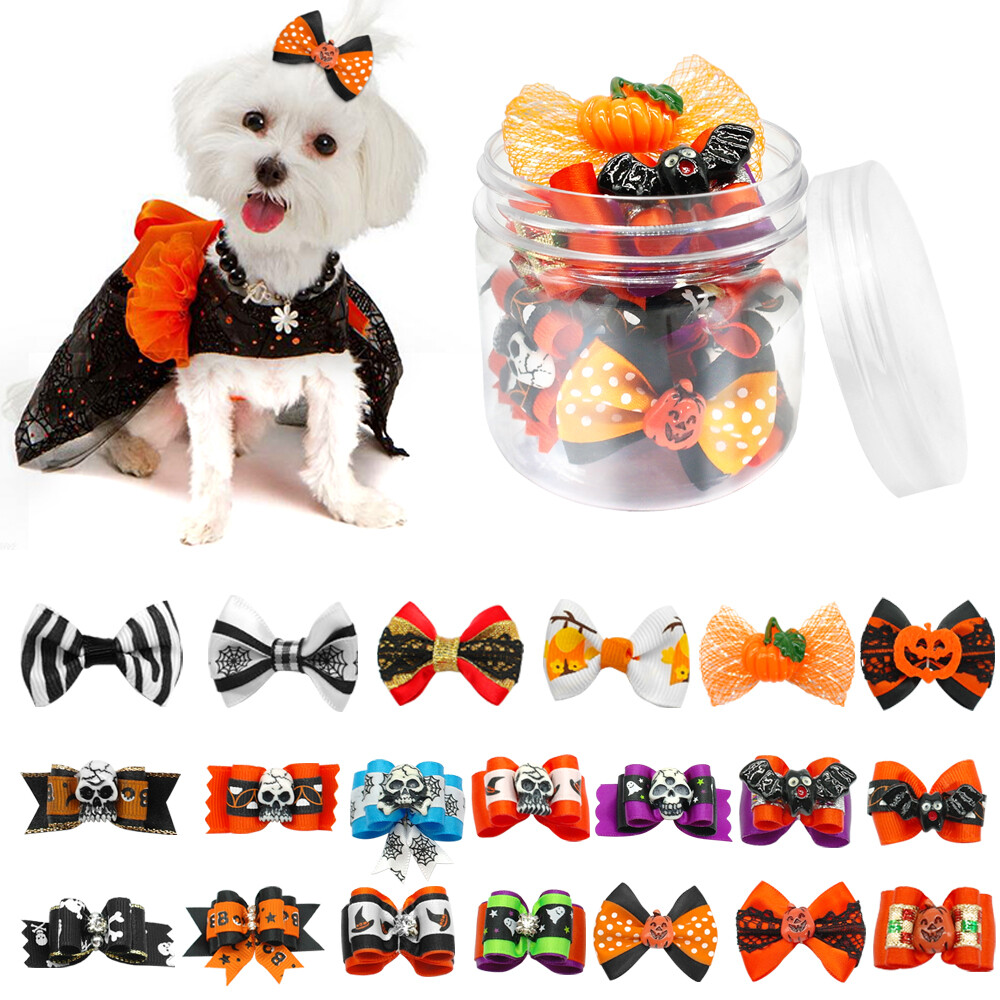 Halloween Pet Puppy Dog Hair Bows Set - Skull & Pumpkin Rubb...