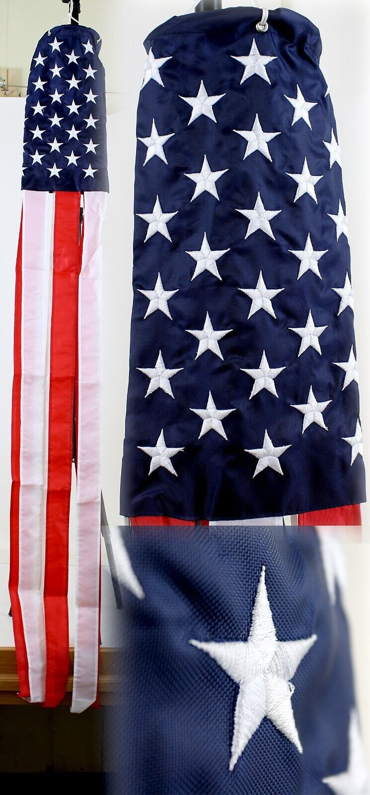 Embroidered American Flag Wind Sock - 60 Inch Polyester Grom...
