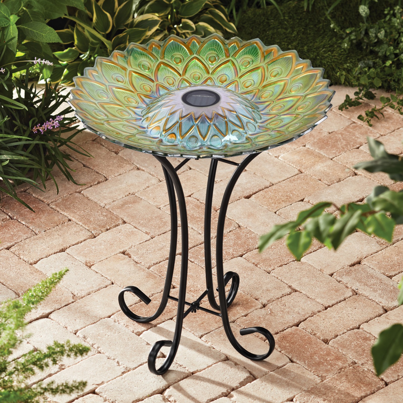 Solar Glass Bird Bath With Metal Stand Peacock Summer Garden...