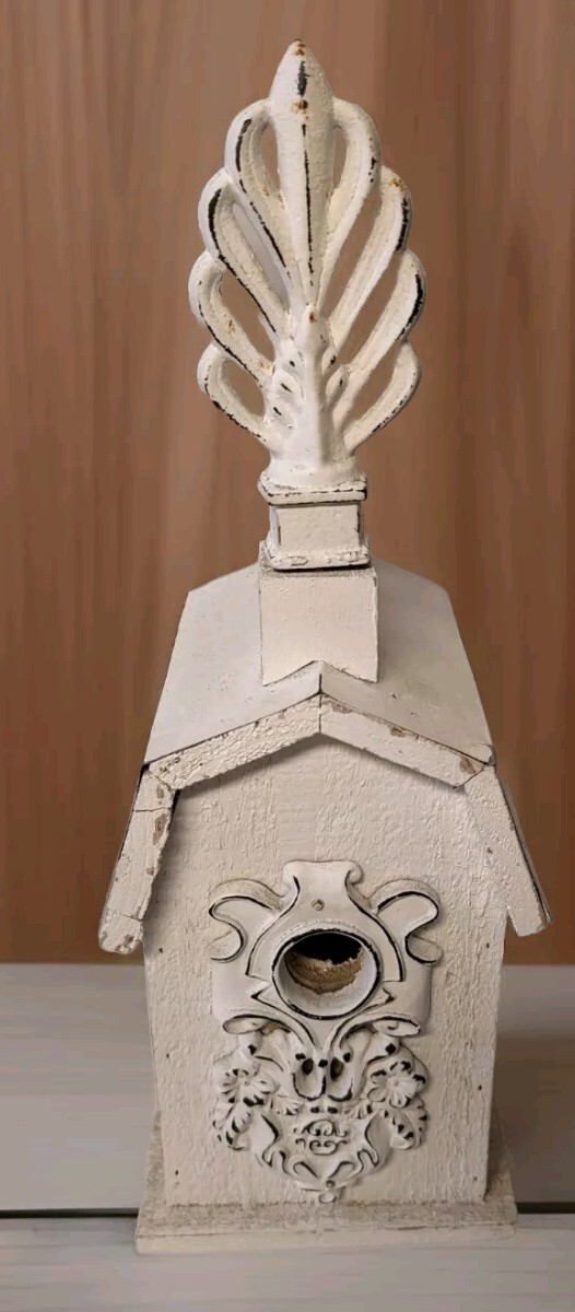 Shabby Chic Birdhouse White Distressed Freestanding Ornament...