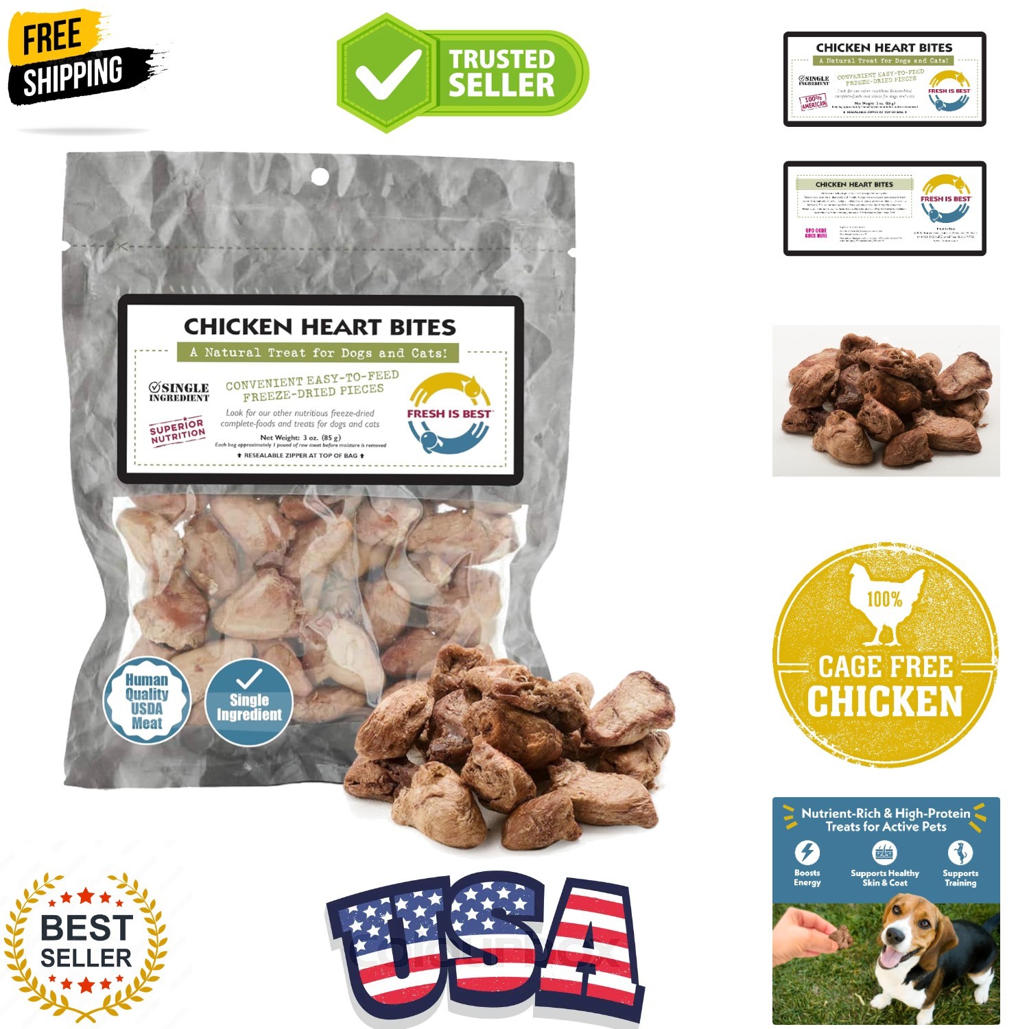 "Freeze Dried Chicken Hearts for Dogs & Cats - 10 oz"