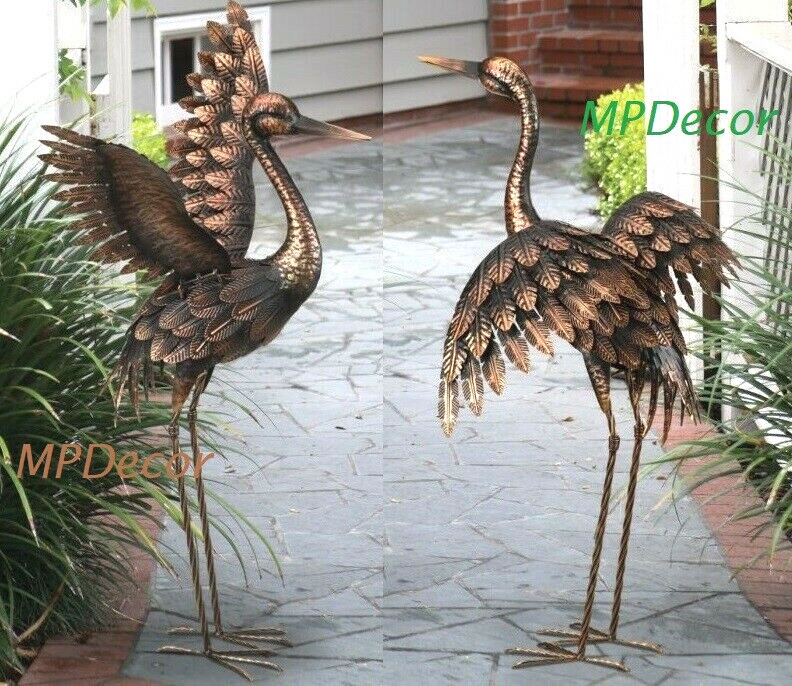Bronze Crane Pair Heron Bird Sculptures - 28 Inch Set of 2