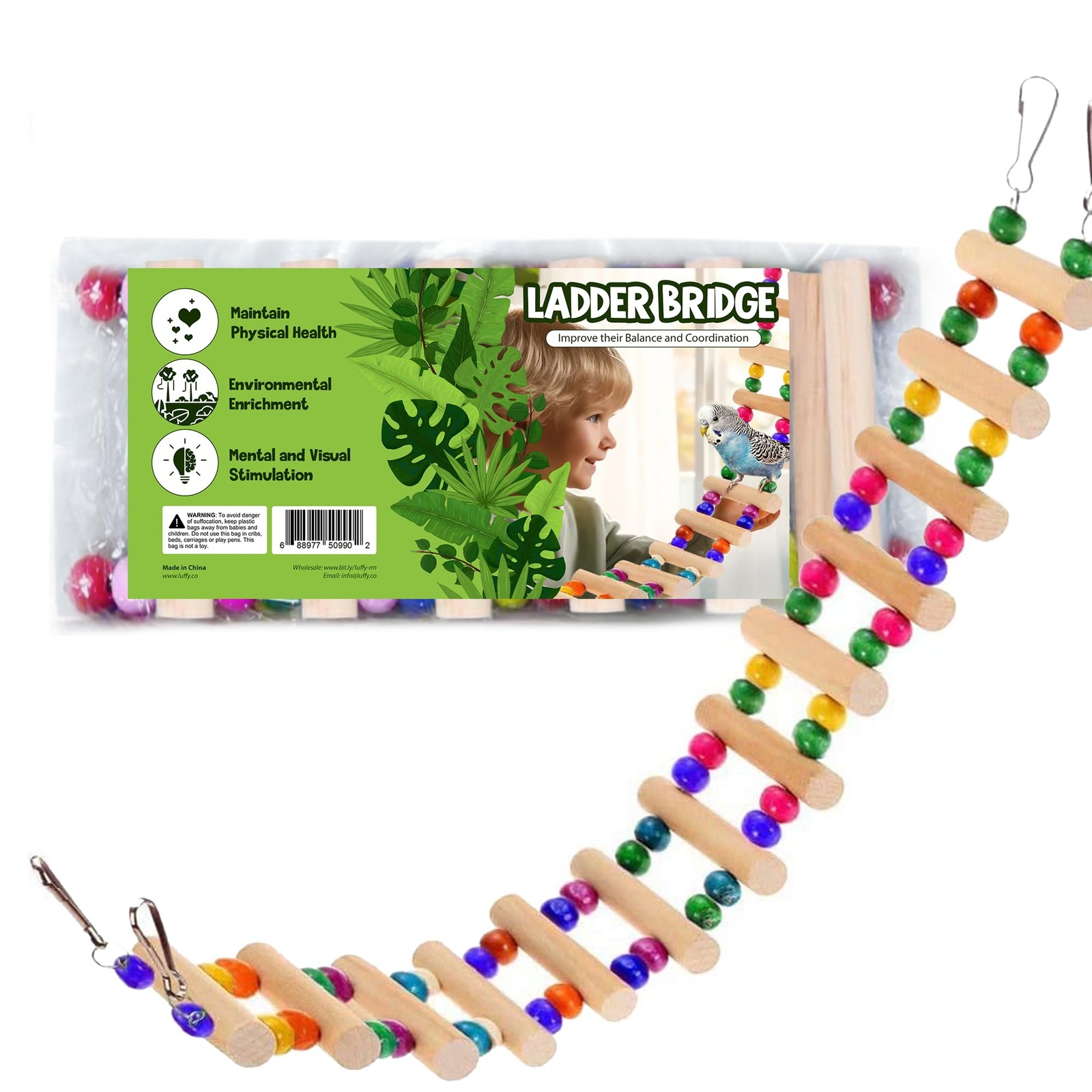 Wooden Bird Ladder Bridge - Hanging Toy for Parakeets, Cocka...