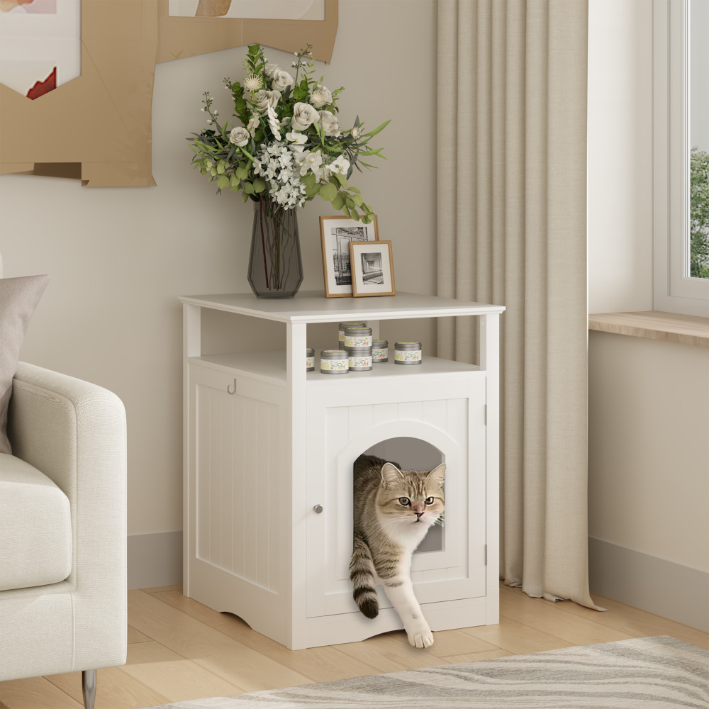 White Wooden Cat Litter Box Furniture W/ Shelf-Hidden Litter...