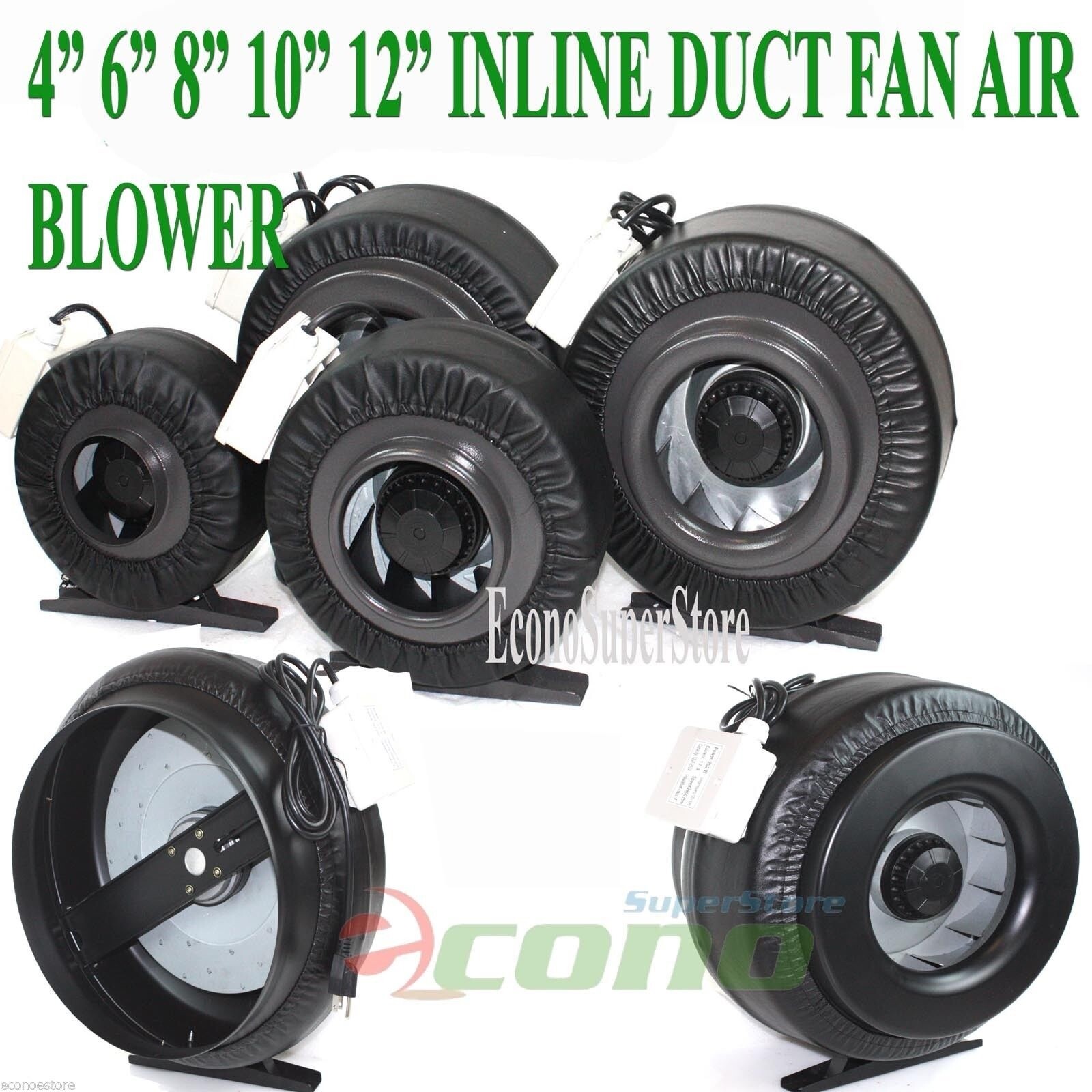 Hydroponic Inline Exhaust Fan Set: 4" x 6" x 8" x 10" x 12"...