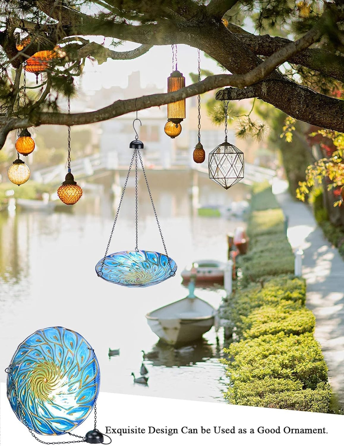 Hanging Glass Bird Bath Peacock Outdoor Feeder Garden Decora...