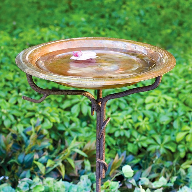 Ancient Graffiti Solid Copper Bird Bath With Stake