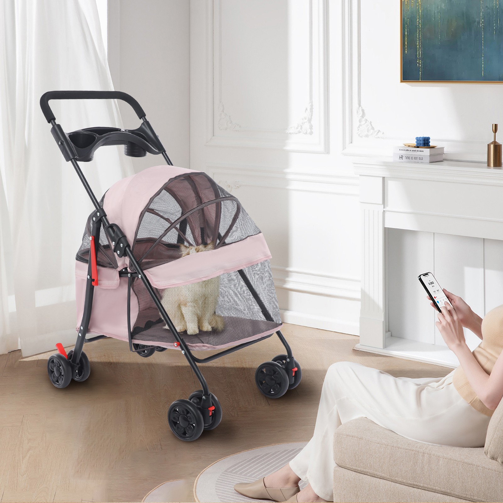 Pink Pet Travel Stroller with Foldable Design
