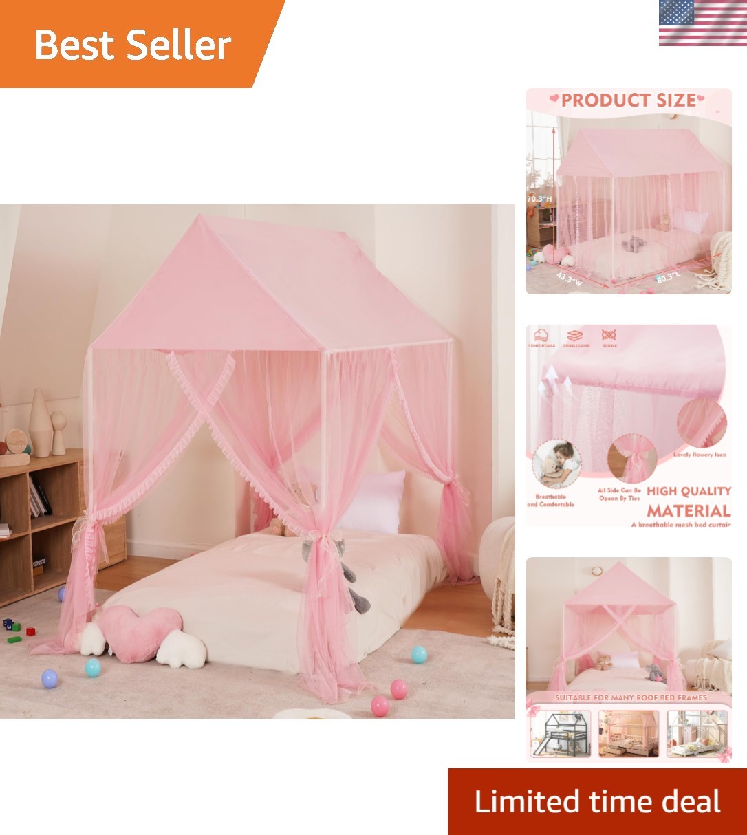Princess Bed Canopy Pink Dreamy Playhouse Mosquito Net Twin...