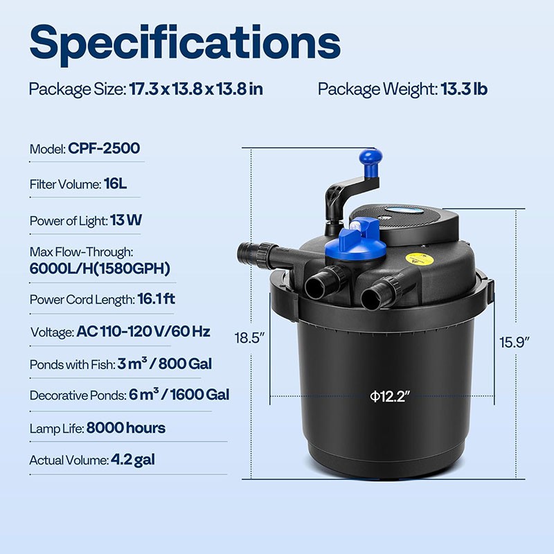 Koi Fish Pond Filter - UV Sterilizer (13W) - 1600-2600 Gallo...