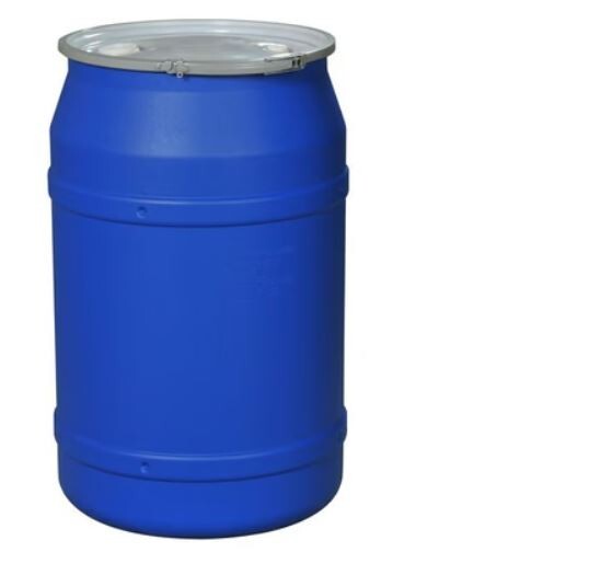 Blue Plastic Barrel Drum, 55 Gallons, Metal Lever Lock Ring