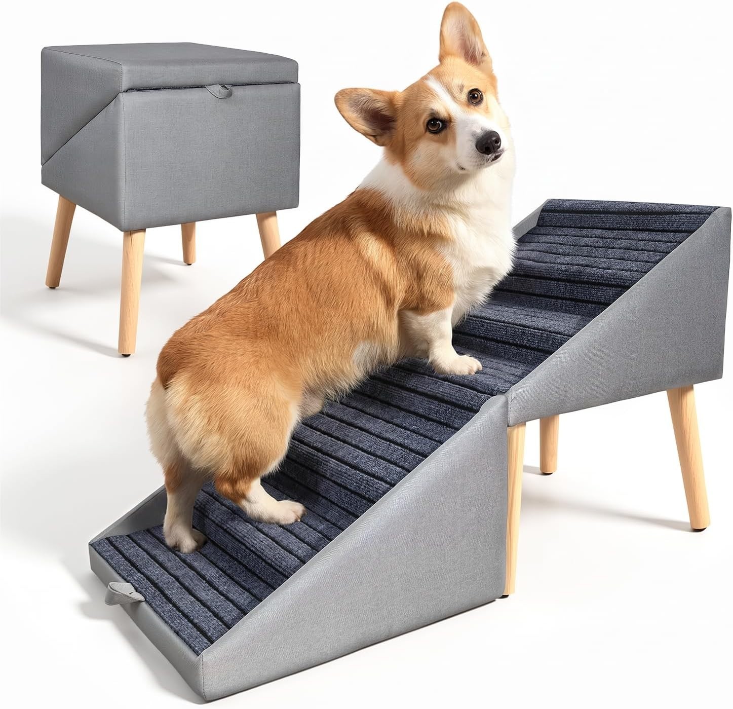 Snugzy Foldable Dog Stairs Ottoman Bed Couch Steps Grey Wood