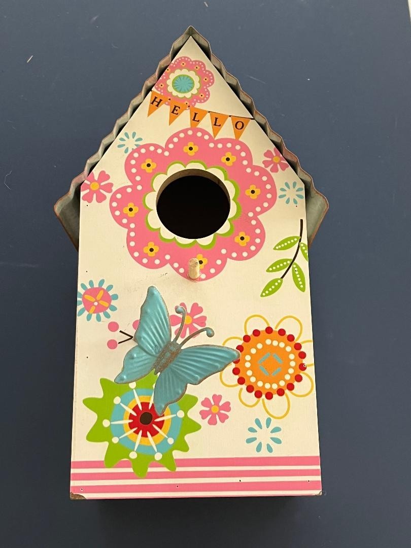 Wooden Birdhouse With Galvanized Metal Roof, Pink Flowers Bl...