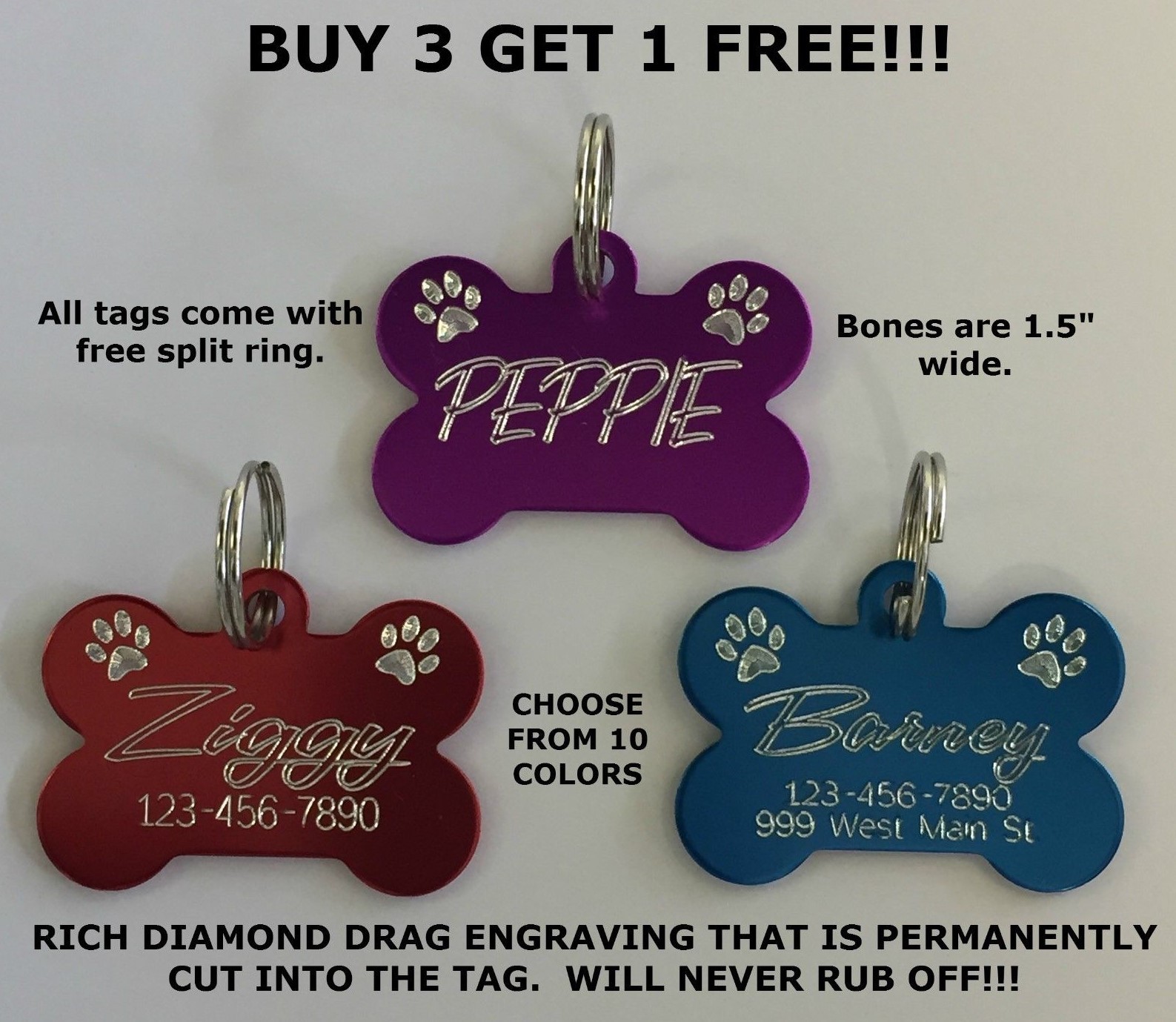 Custom Engraved Bone Paw Print Pet ID Name Tag for Dogs & Ca...