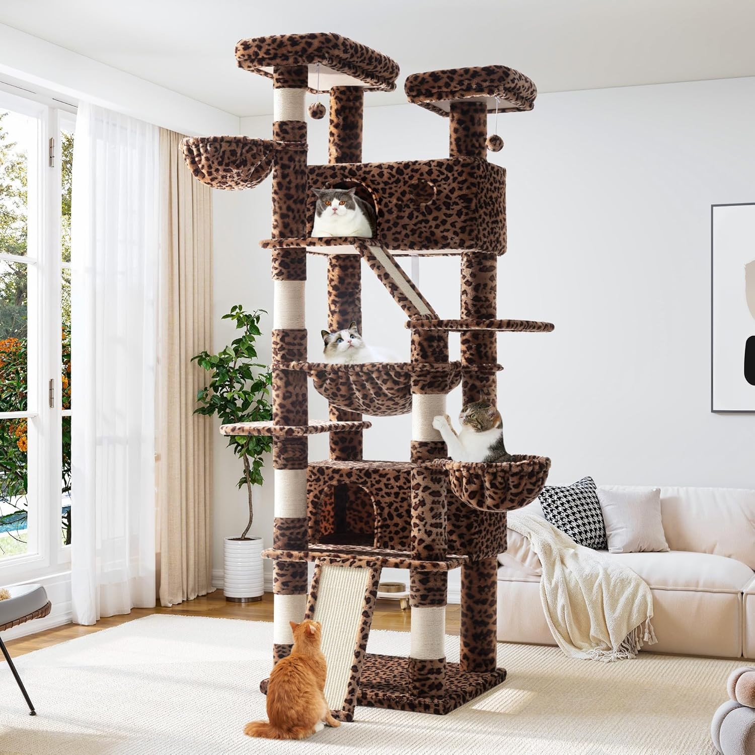 81 Inches Tall Cat Tree/Scratching Post/Wide Base/Leopard Pr...