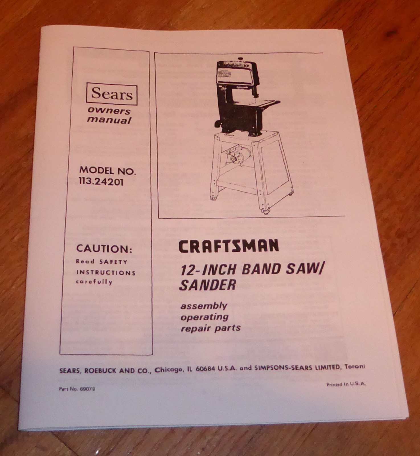 Sears Craftsman 12 Inch Band Saw Sander Owners Manual 113.24...