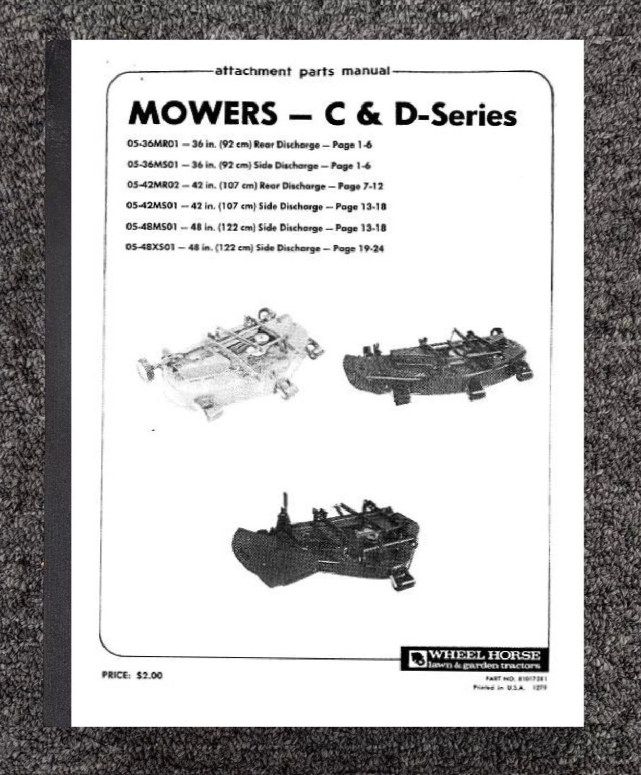 Wheel Horse Mower Deck C & D Series Attachment Manual Servic...