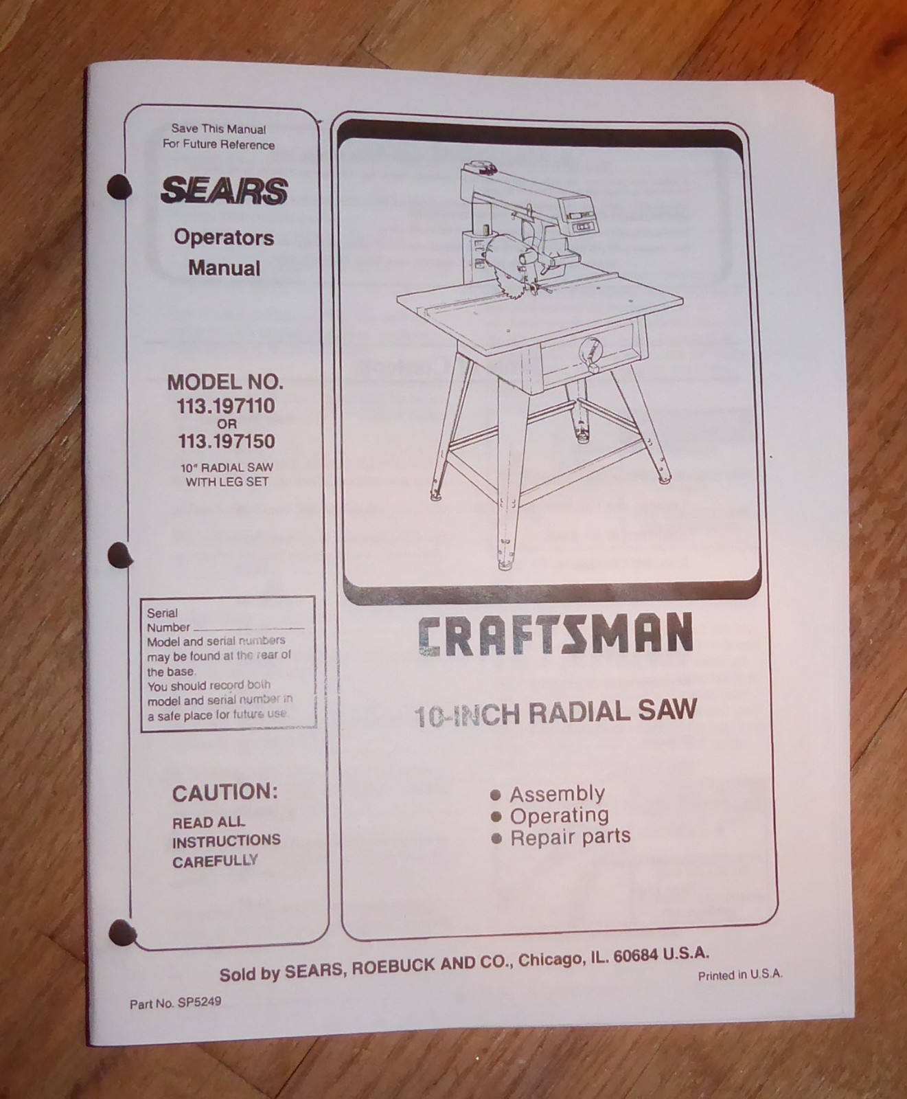 Sears Craftsman 10 Inch Radial Arm Saw Owners Manual 113.197...