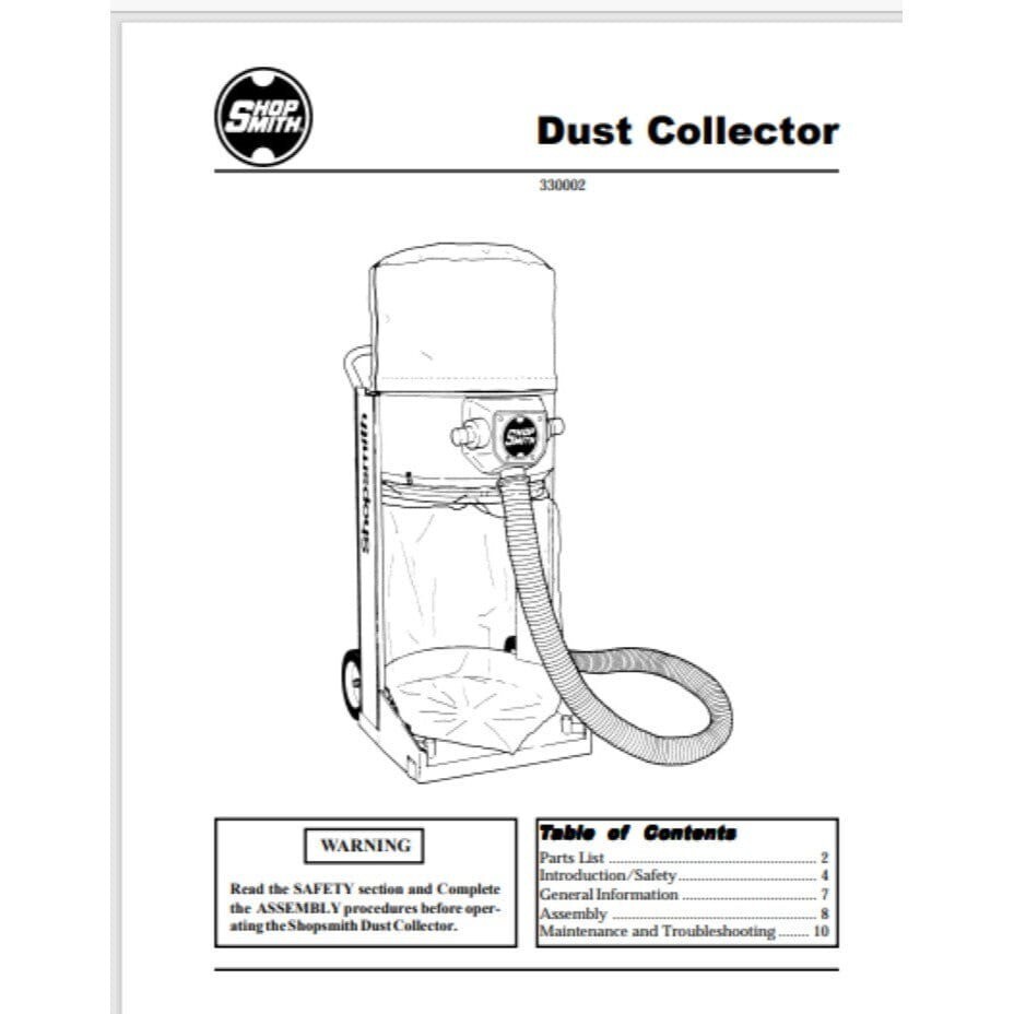 Shopsmith Dust Collector Owner & Parts Manual #330002 12 Pag...