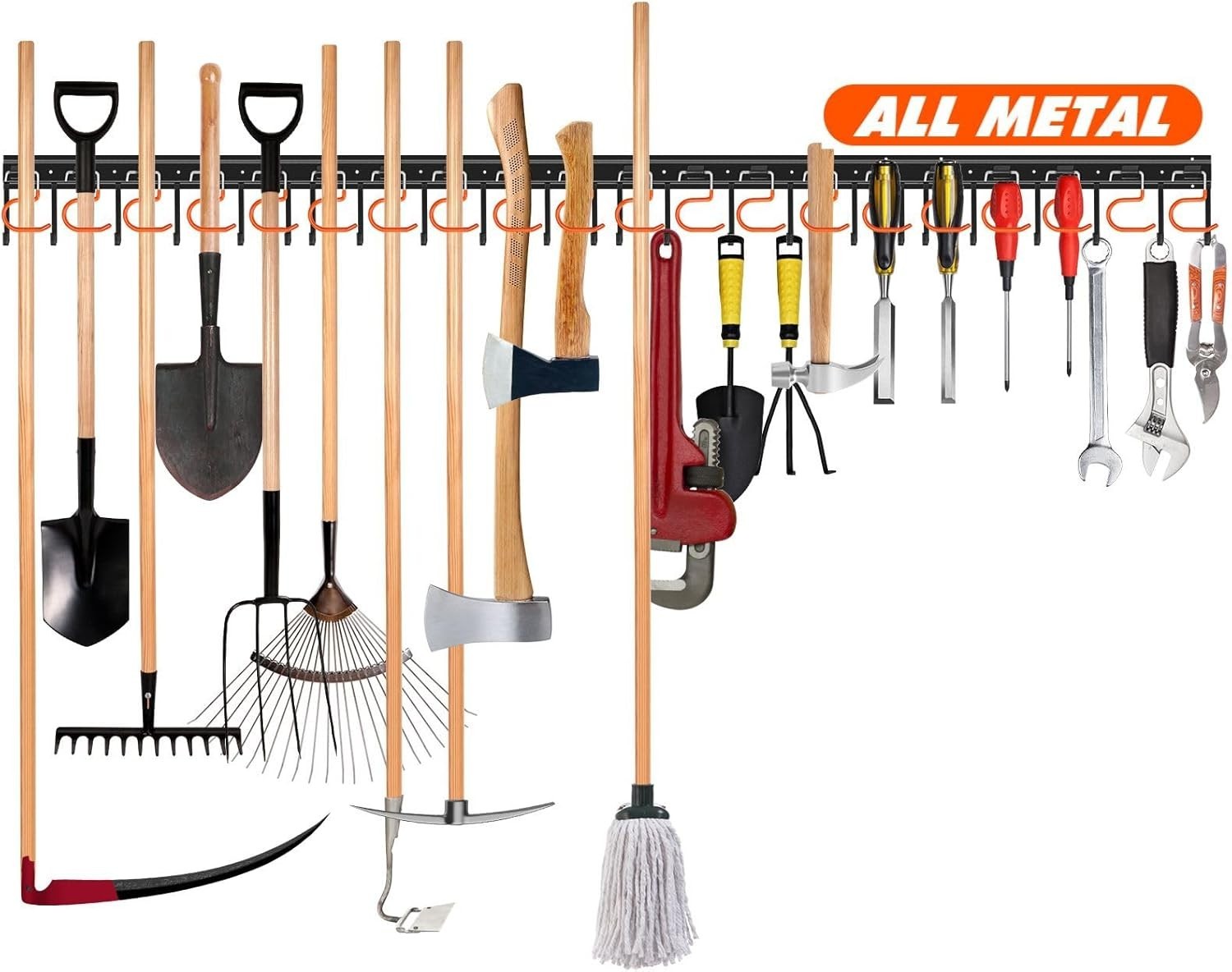 Wall-Mounted Tool Organizer Rack, 68" With Hooks for Broom,...