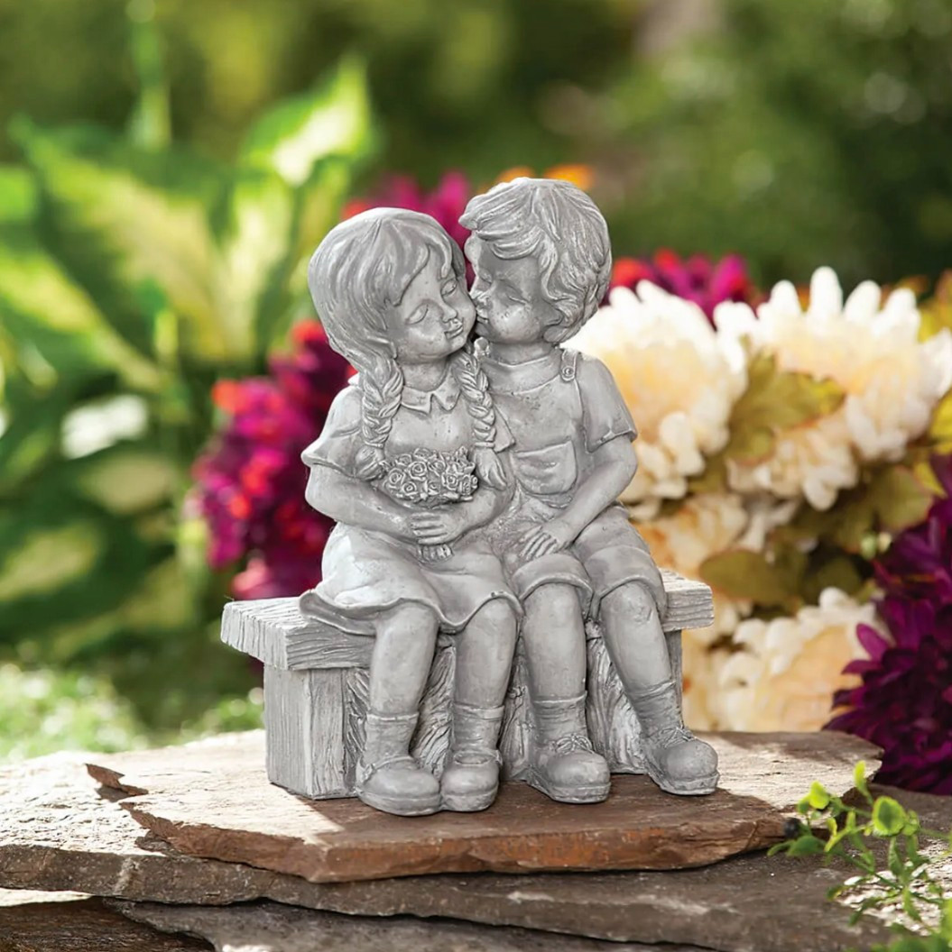 Resin Kids on Bench Garden Decor, Boy & Girl Statue, 12" x 8...