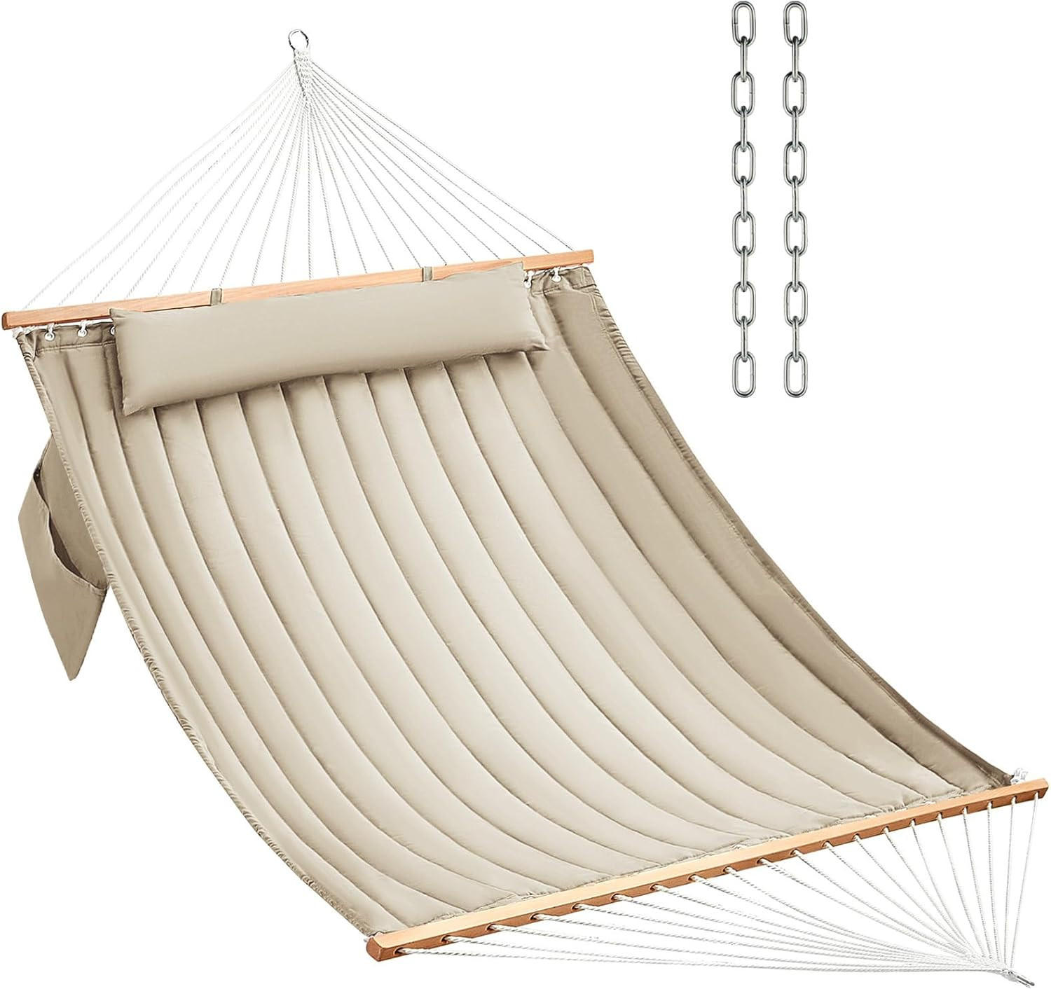 Double Quilted Hammock with Wood Spreader Bars and Pillow -...