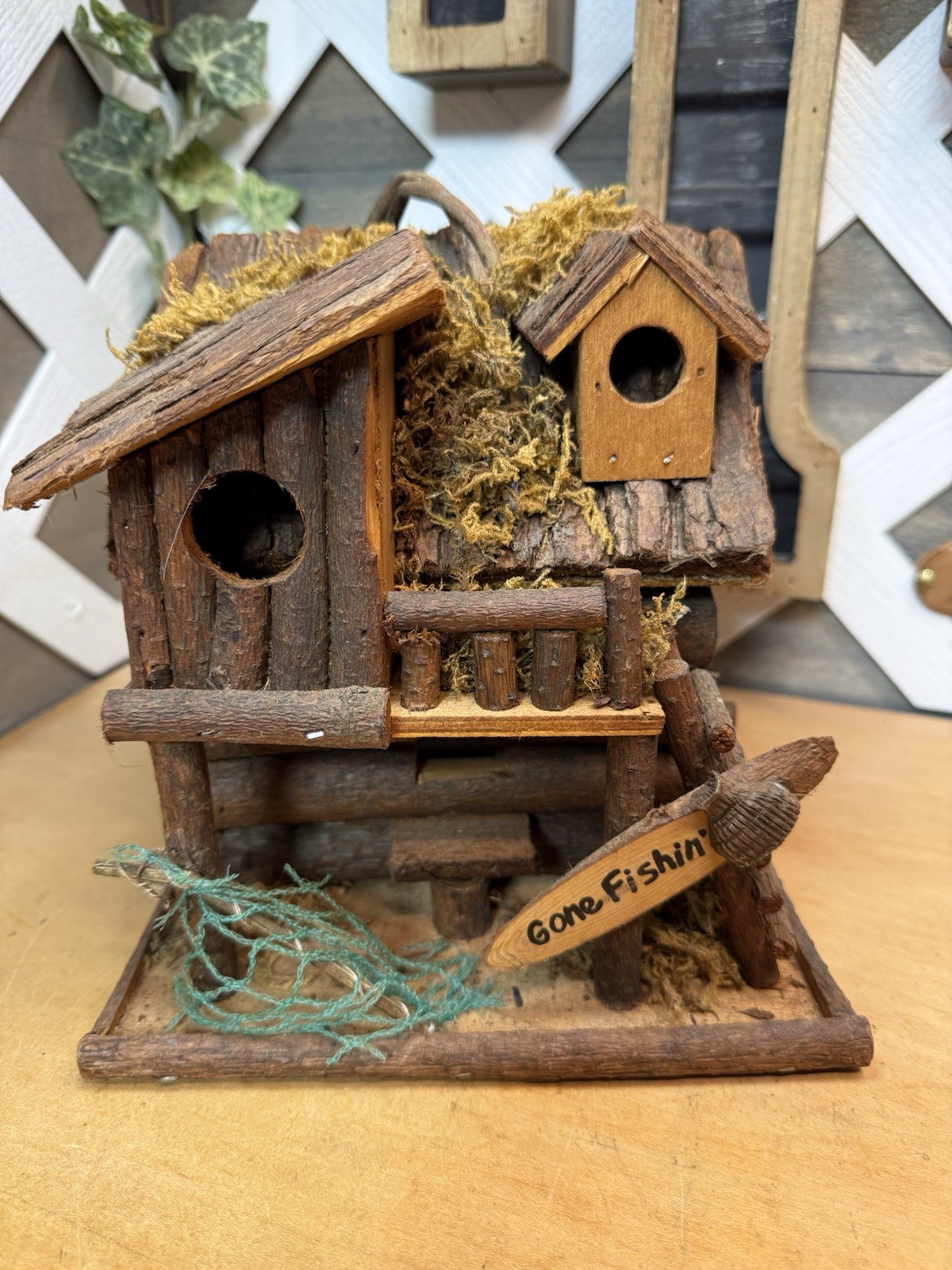 Gone Fishing Wooden Birdhouse Cabin