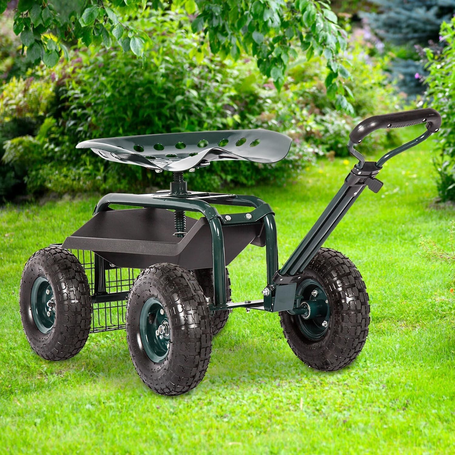 Garden Cart Rolling Work Seat with Tool Tray Heavy Duty Scoo...