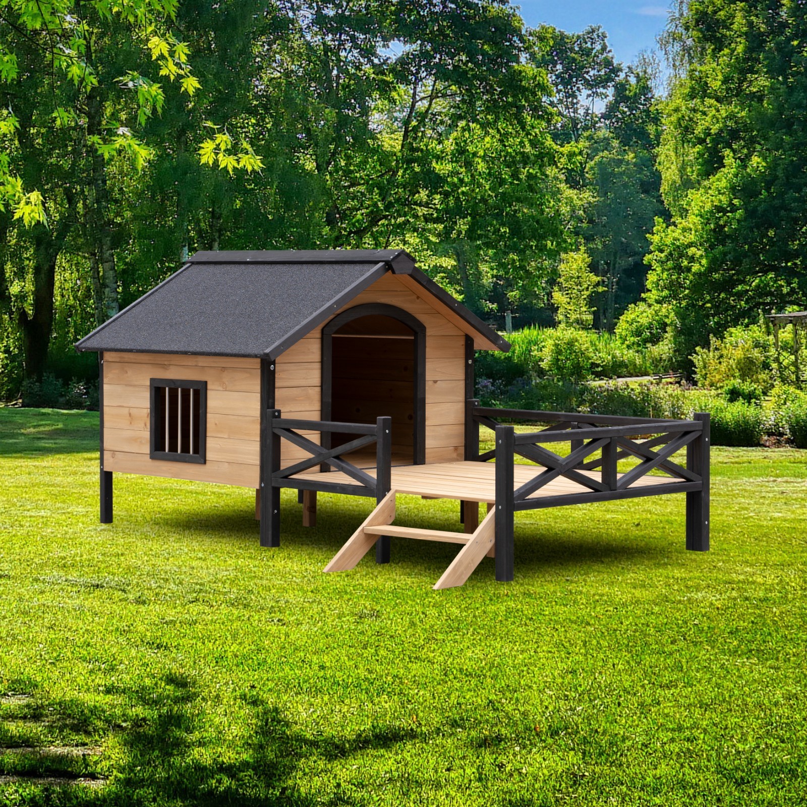 Outdoor Large Wooden Cabin Style Dog Kennel with Porch