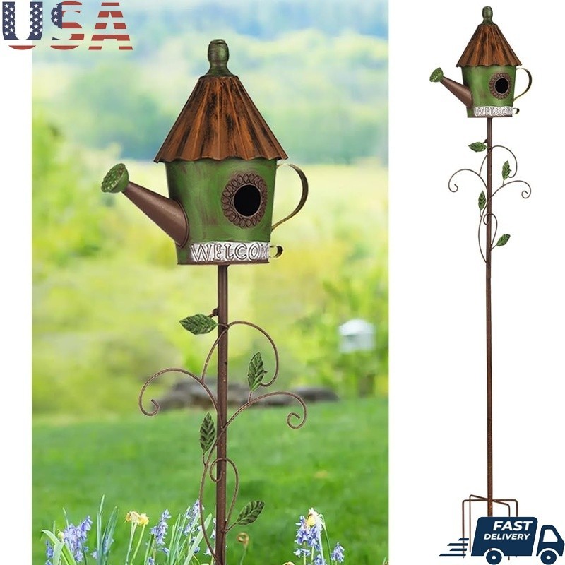 Rustic Birdhouse Stake Garden Decor Antique Metal Birdhouse...