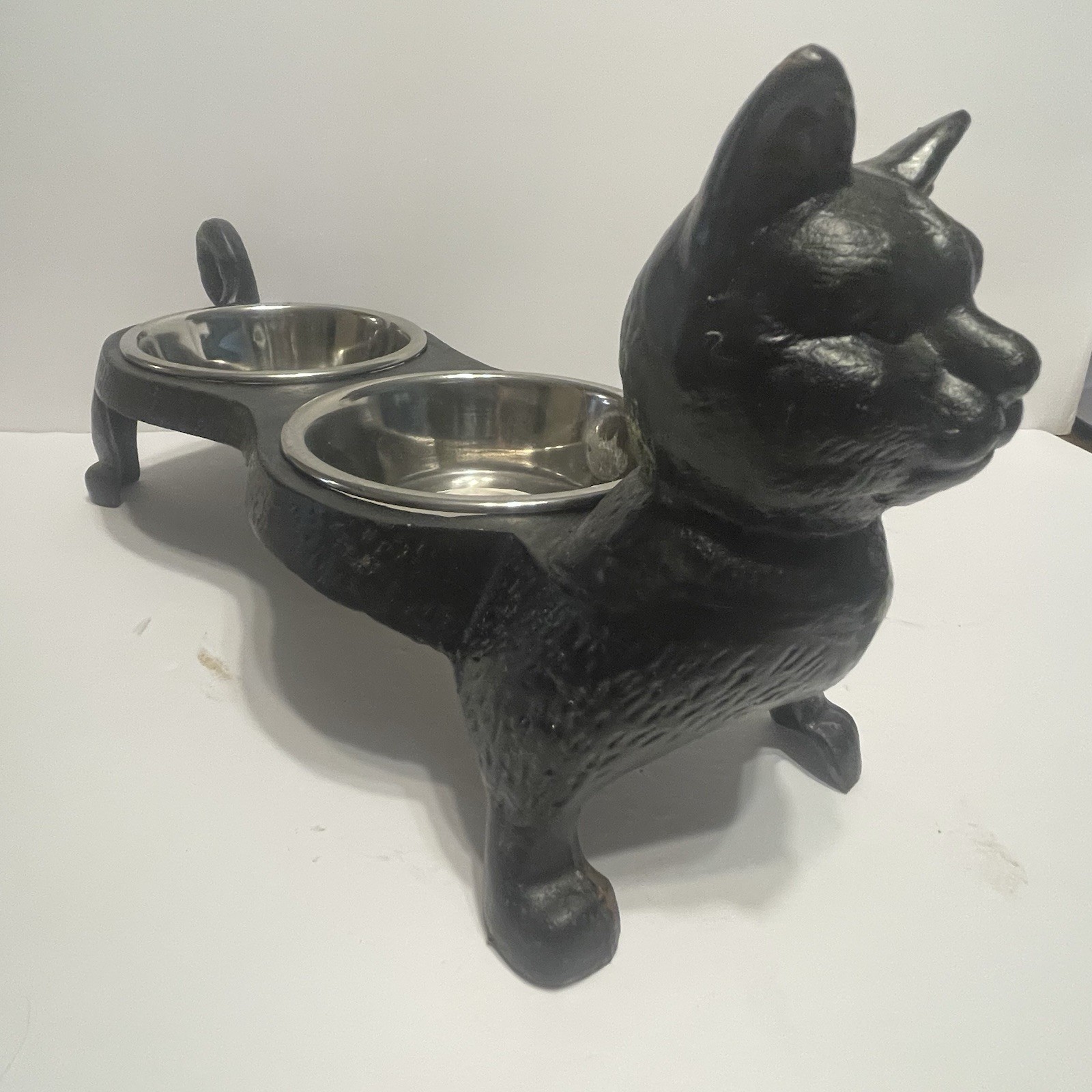 Cast Iron Black Cat Pet Food & Water Raised Dish Bowl Holder...
